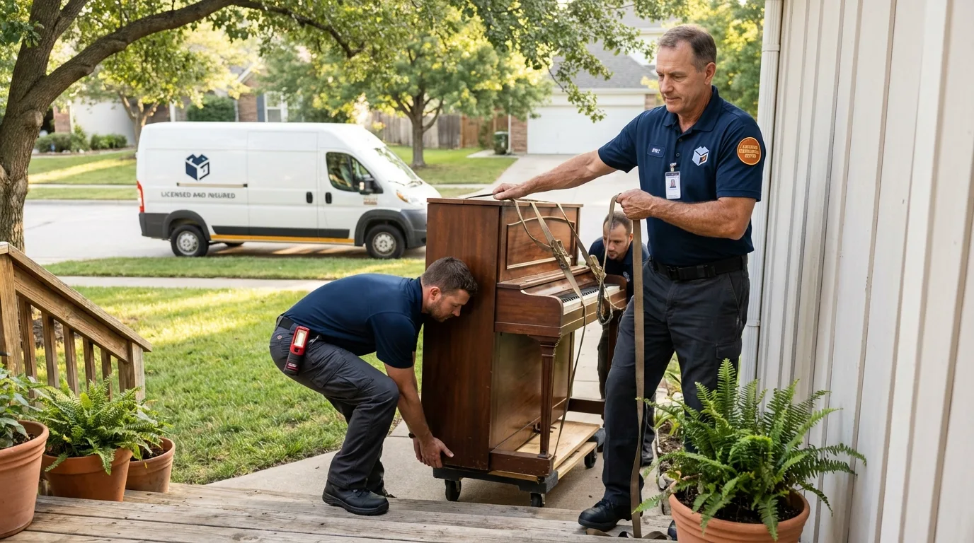Licensed piano movers securing grand piano in DeWitt, MI
