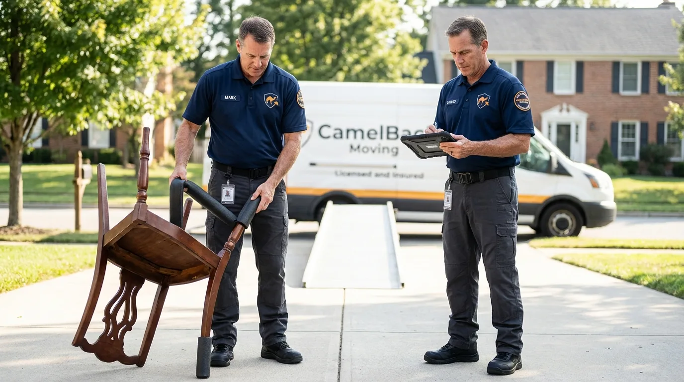 Movers inspecting furniture for damage prevention before loading in DeWitt, MI