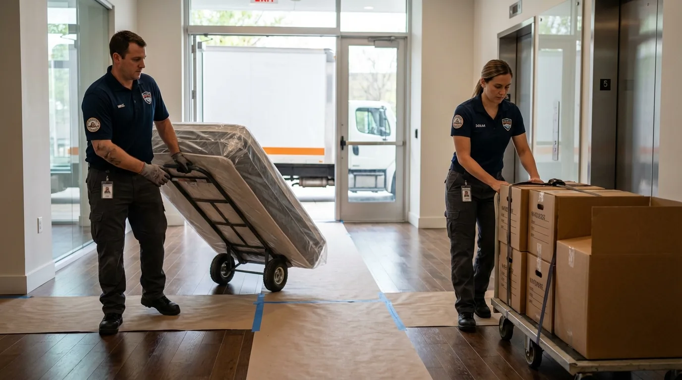Professional apartment movers loading elevator in DeWitt, MI