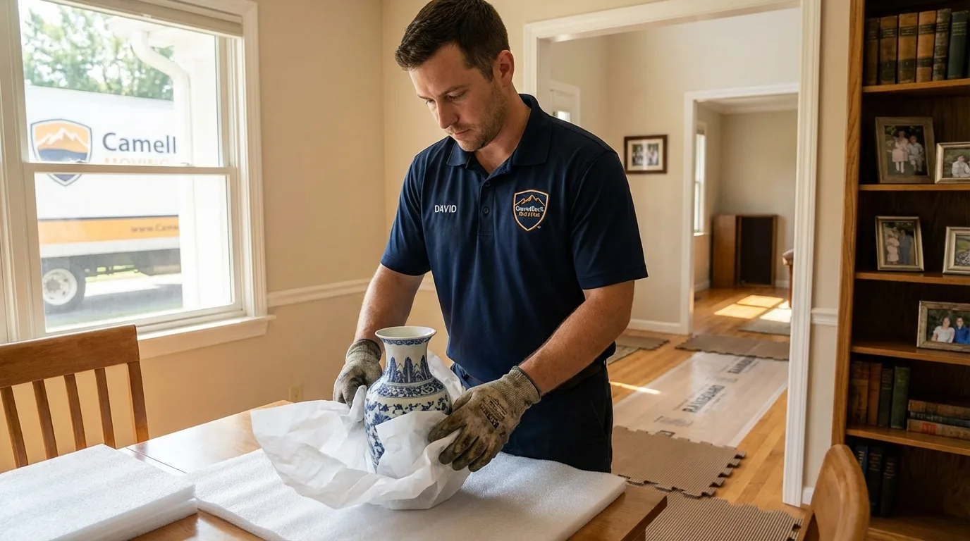 Professional crew carefully wrapping antique vase for senior downsizing move in DeWitt, MI
